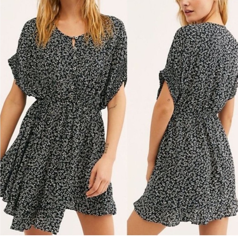 Free People One Fine Day Blk Floral Mini Dress XS
